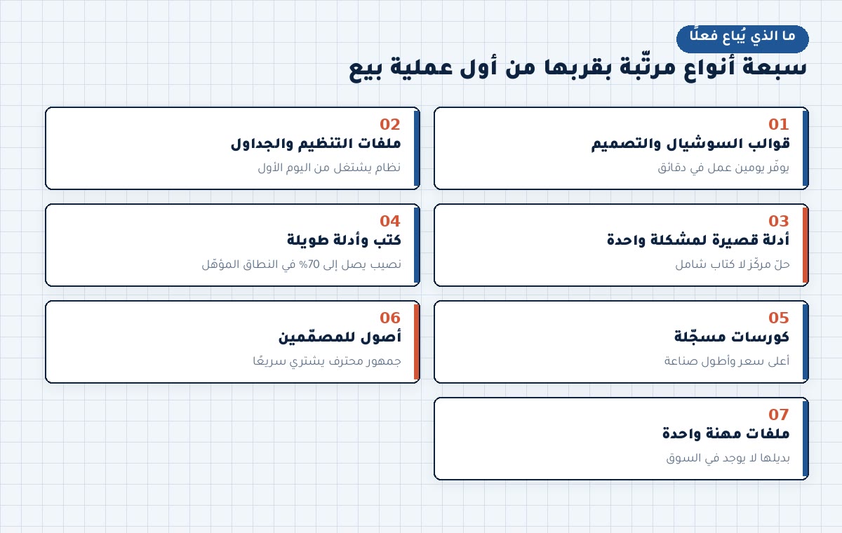 بيع المنتجات الرقمية ما الذي يُباع فعلًا من المنتجات الرقمية: سبعة أنواع مرتّبة بقربها من أول عملية بيع