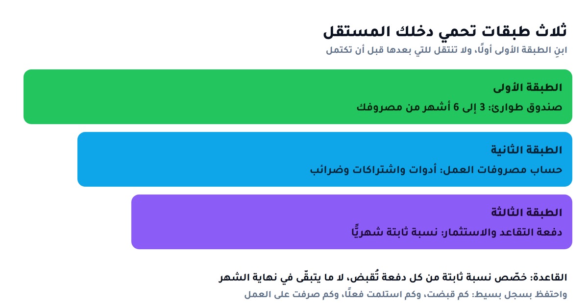 ثلاث طبقات تحمي دخل المستقل: صندوق طوارئ &middot; حساب مصروفات العمل &middot; دفعة التقاعد