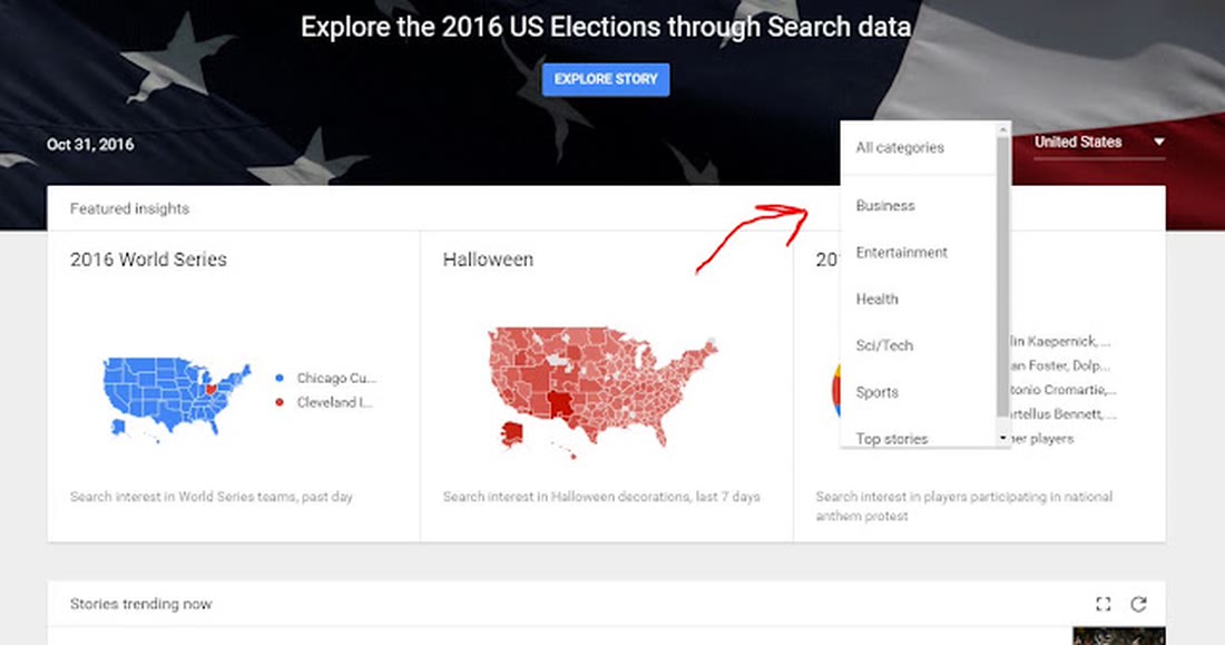 اختيار الدولة والقسم في Google Trends