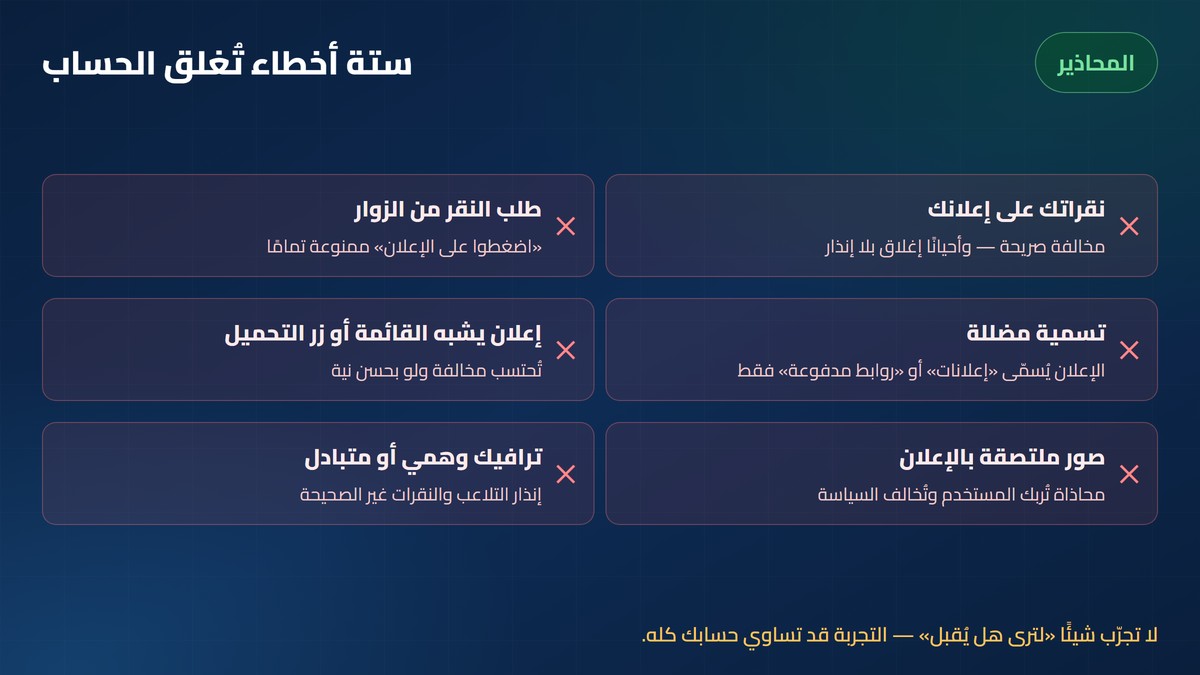 جوجل ادسنس أخطاء تُغلق حساب أدسنس: النقر على إعلانك، طلب النقر، تسمية مضللة، إعلان يشبه القوائم، صور ملتصقة، ترافيك وهمي