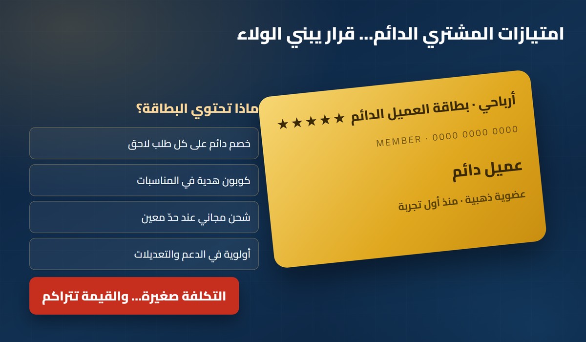بطاقة العميل الدائم الذهبية وامتيازاتها: خصم وكوبون وشحن مجاني وأولوية دعم