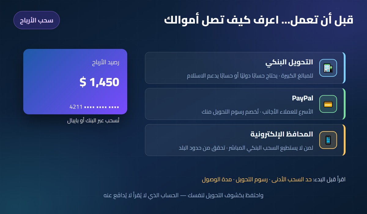 بطاقة رصيد الأرباح ووسائل السحب: تحويل بنكي وبايبال ومحافظ إلكترونية