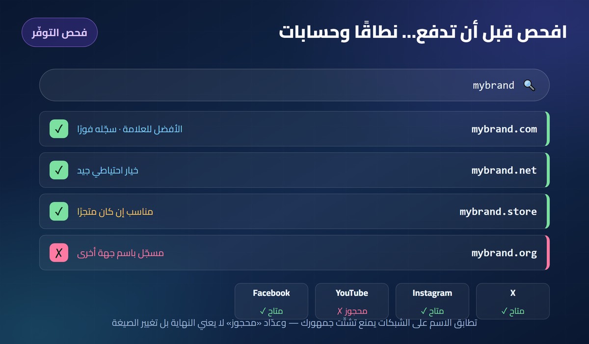 واجهة فحص توفّر الدومين: com وnet وstore متاحة وorg محجوز مع فحص حسابات الشبكات