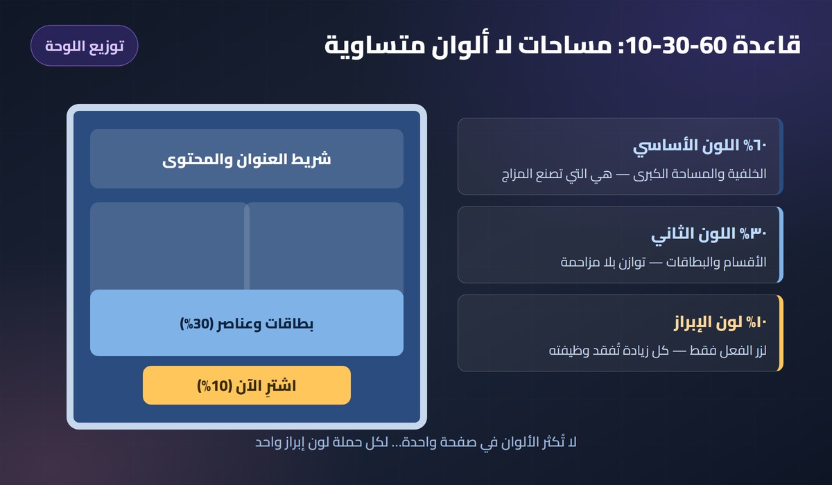 سيكولوجية الألوان في التسويق قاعدة 60-30-10 على شاشة: الخلفية الأساسية والبطاقات ولون الإبراز للزر