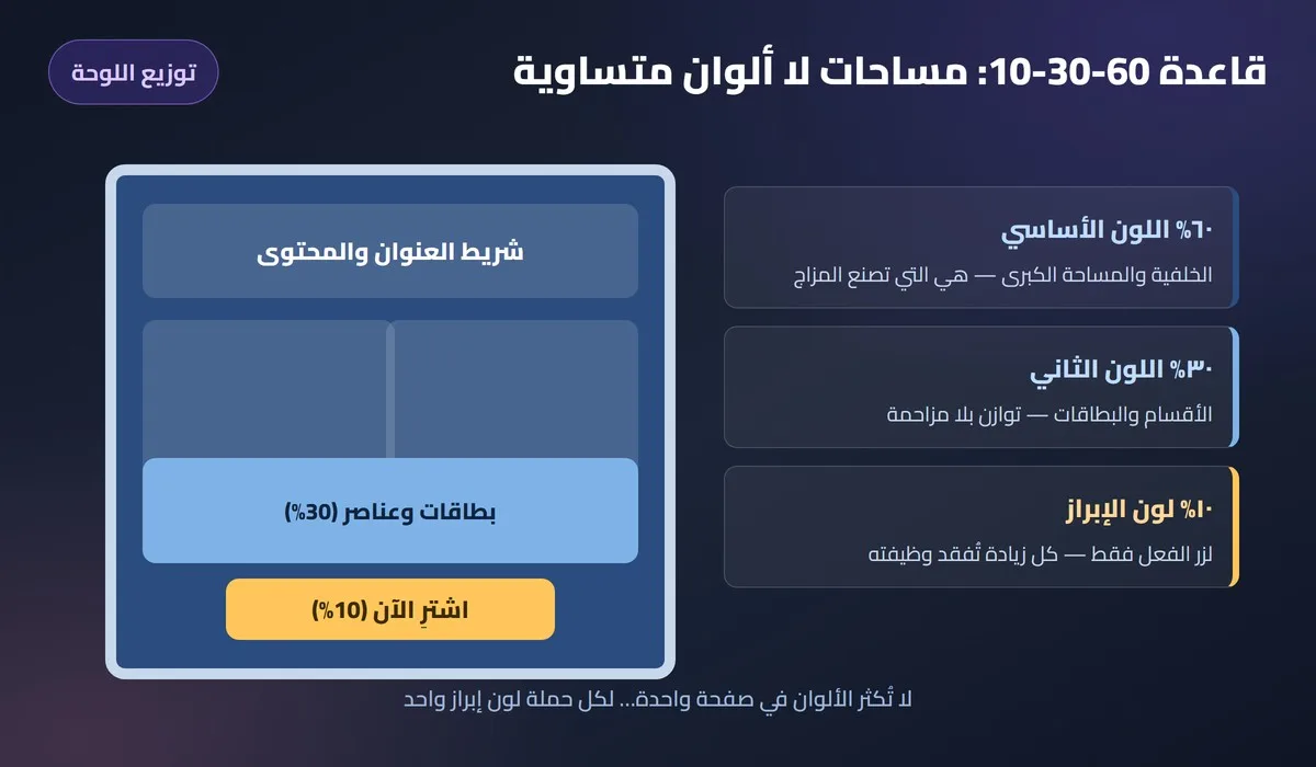 قاعدة 60-30-10 على شاشة: الخلفية الأساسية والبطاقات ولون الإبراز للزر