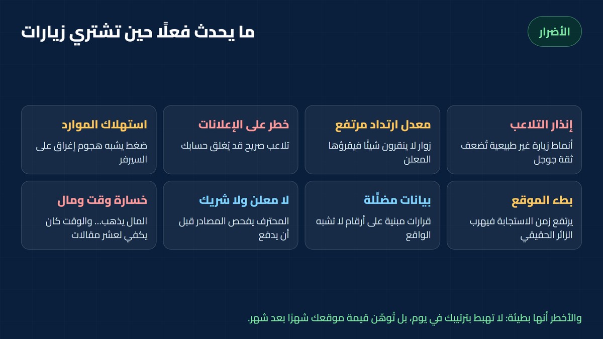 أضرار الزيارات الوهمية على موقعك: التلاعب، الارتداد، الإعلانات، الموارد، البطء، البيانات، المعلنون، الوقت