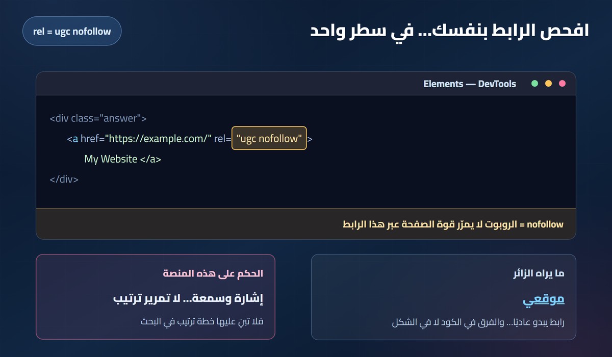باكلينك دوفلو من مايكروسوفت فحص كود الرابط في Microsoft Q&A يظهر rel=ugc nofollow