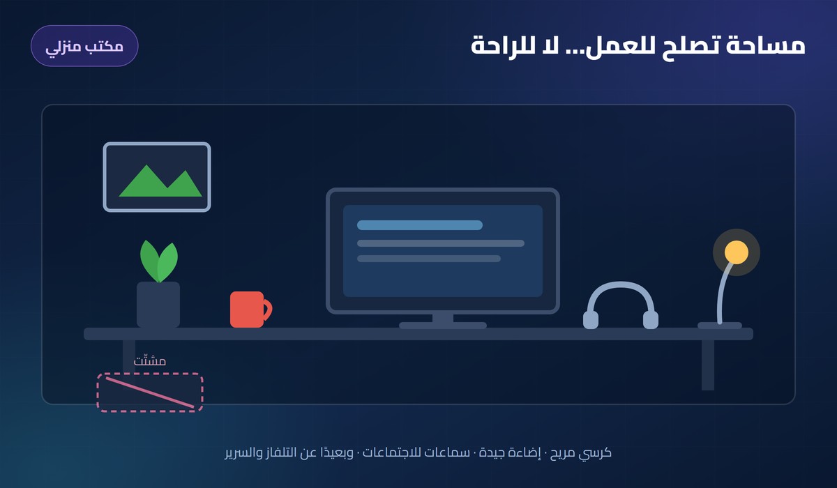العمل عن بعد مكتب منزلي مجهز: شاشة ونبات وكوب وسماعات ومصباح وتلفاز مشطوب كمشتت