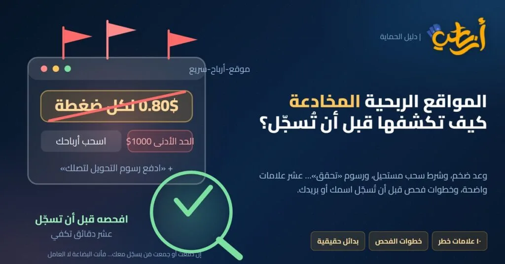المواقع الربحية المخادعة: بطاقة موقع بوعد 0.80$ لكل ضغطة وشرط سحب 1000$ وعدسة فحص