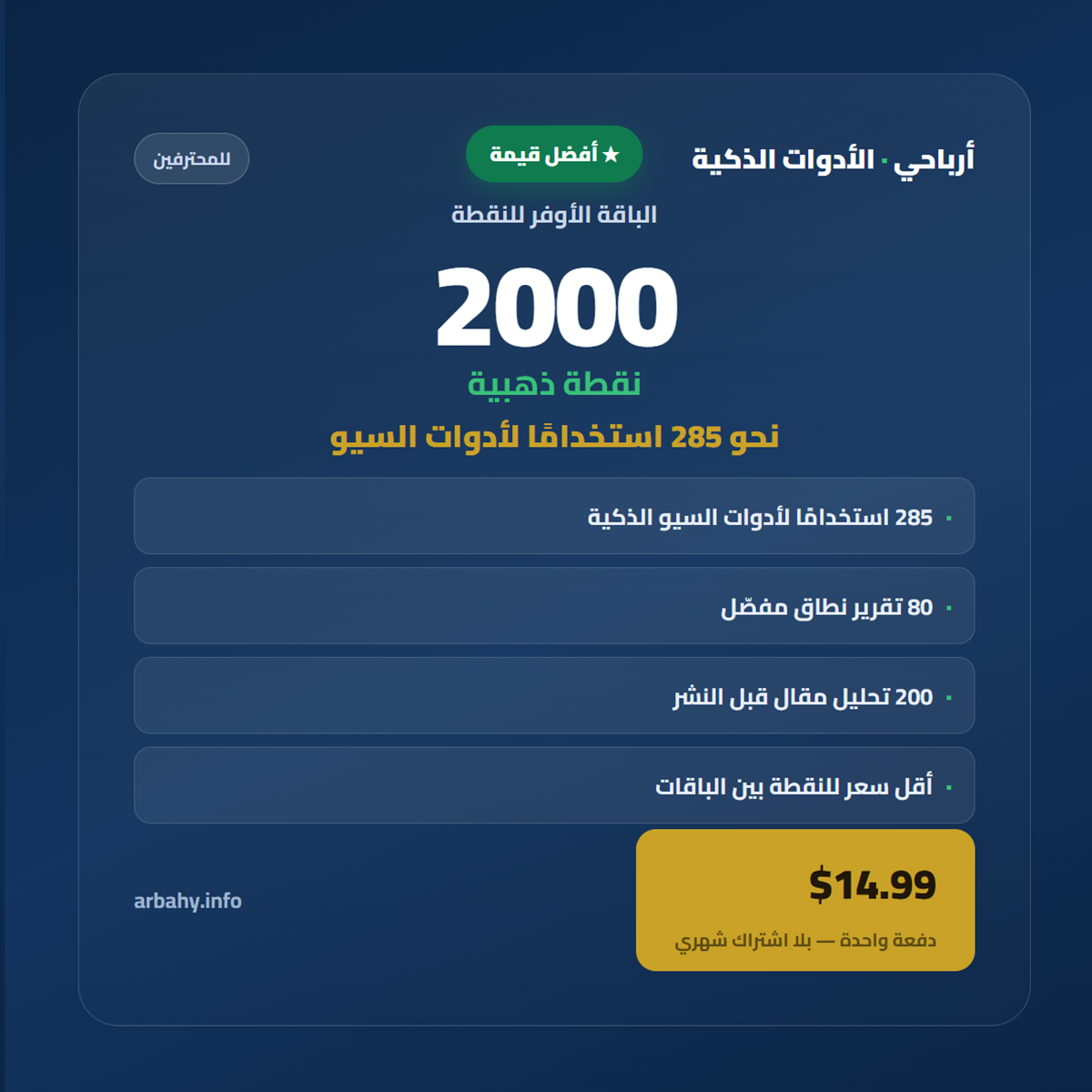 باقة 2000 نقطة — نحو 285 استخدامًا · 80 تقرير نطاق ★ أفضل قيمة