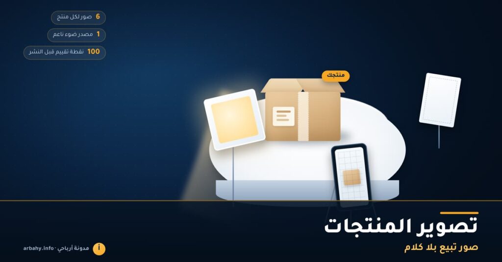 غلاف مقال تصوير المنتجات: صندوق منتج على طاولة تصوير بيضاء بإضاءة ناعمة وهاتف على حامل