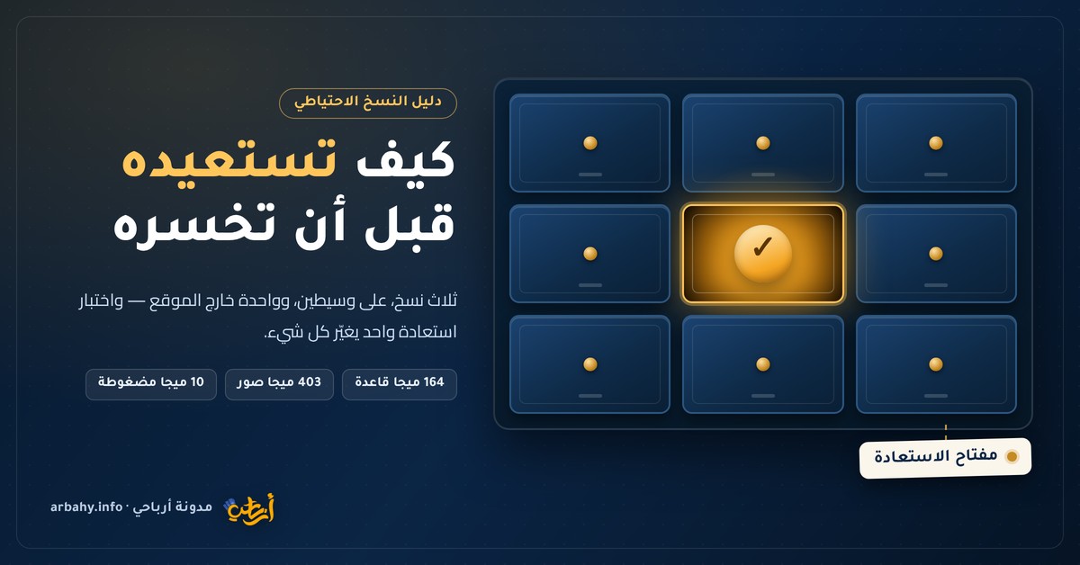 غلاف مقال النسخ الاحتياطي: لوح خزائن إيداع معدنية أحد أبوابه مفتوح ويشع منه ذهب مع بطاقة &laquo;مفتاح الاستعادة&raquo;