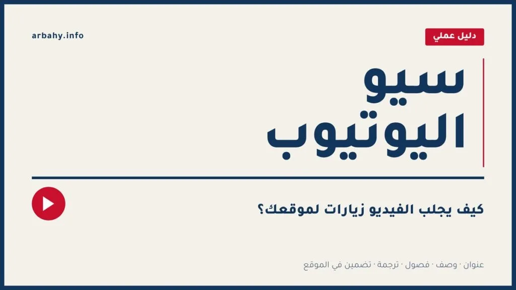 غلاف مقال سيو اليوتيوب: عنوان ضخم «سيو اليوتيوب» وزر تشغيل على ورقة بيج