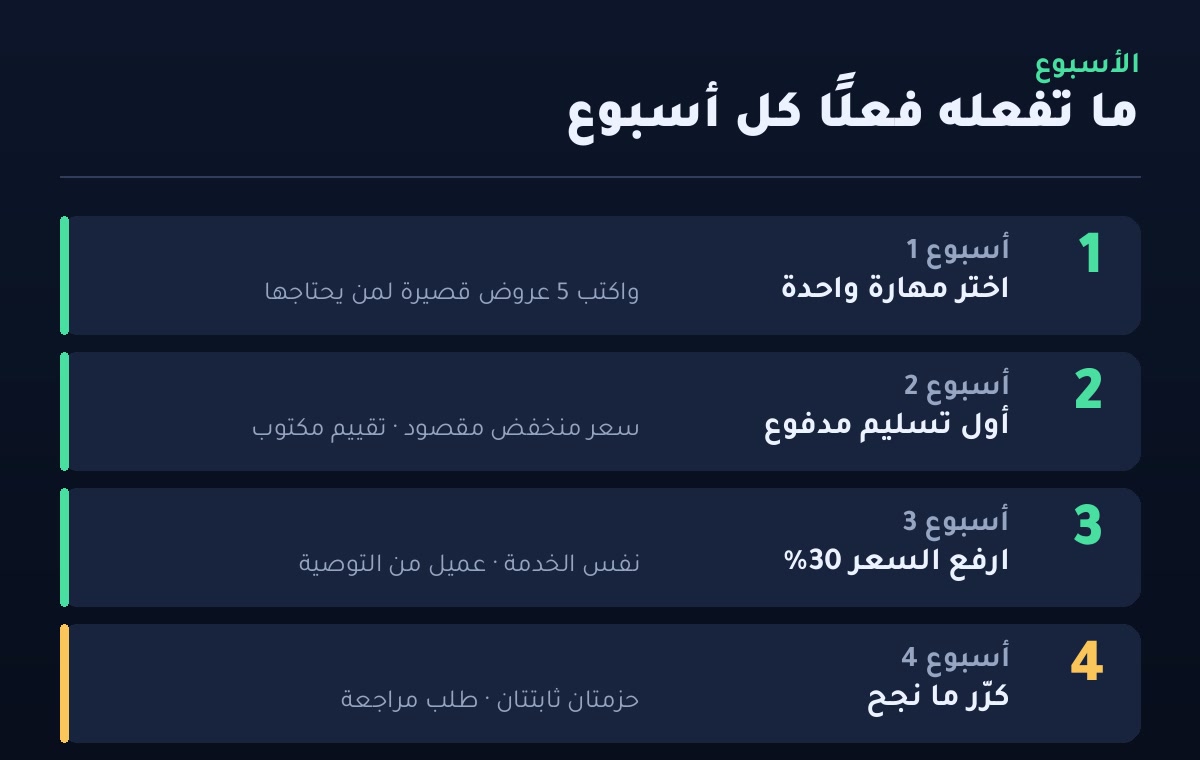 أول 100 دولار من الإنترنت خطة 30 يومًا على أربعة أسابيع: اختيار المهارة ثم أول تسليم مدفوع ثم رفع السعر ثم التكرار